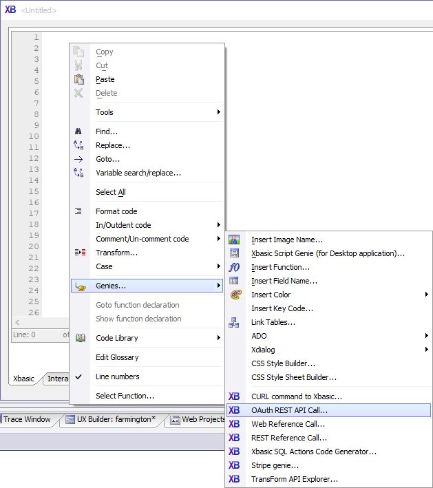 The Xbasic editor context menu displaying a list of available genies.