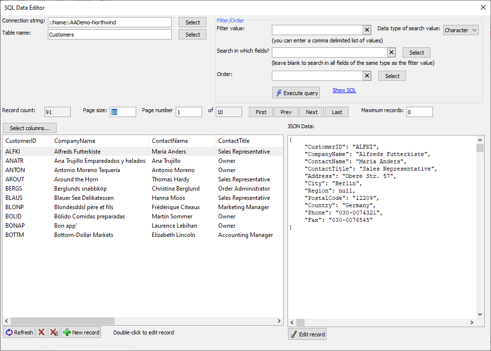 SQL Data Editor with the Northwind Customer table selected
