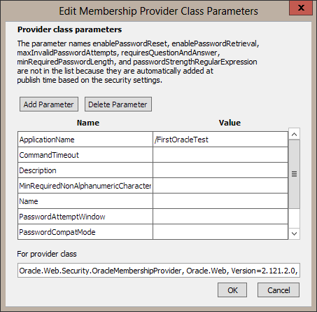 Provider class parameters dialog.