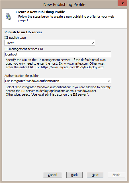 IIS server publish settings.