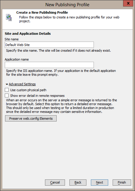 IIS and application settings showing advanced settings.