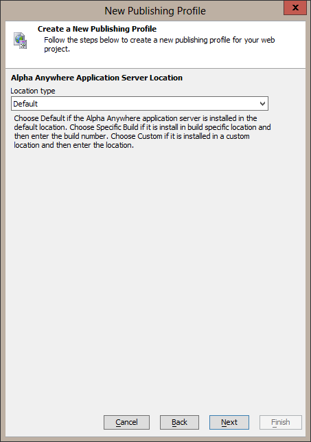 Alpha Anywhere Application Server location settings.