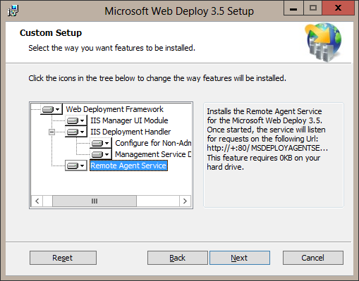 Microsoft Web Deploy Setup hightlighting Remote Agent Service feature.