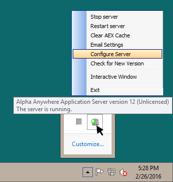 Alpha Anywhere Application Server tray icon context menu.