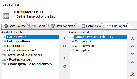 List layout with the Row Open/Close Indicator placeholder