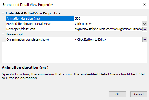 Embedded detail view properties dialog