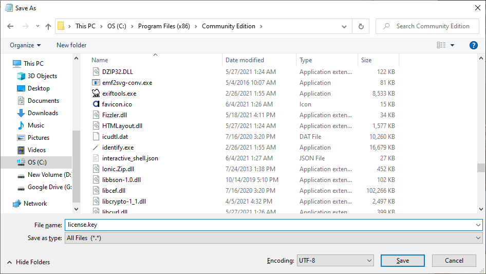Save As file dialog with the filename set to license.key