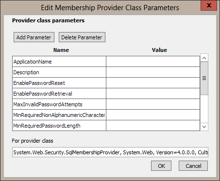 Enter parameters required by provider class as name/value pairs with pre-filled names.